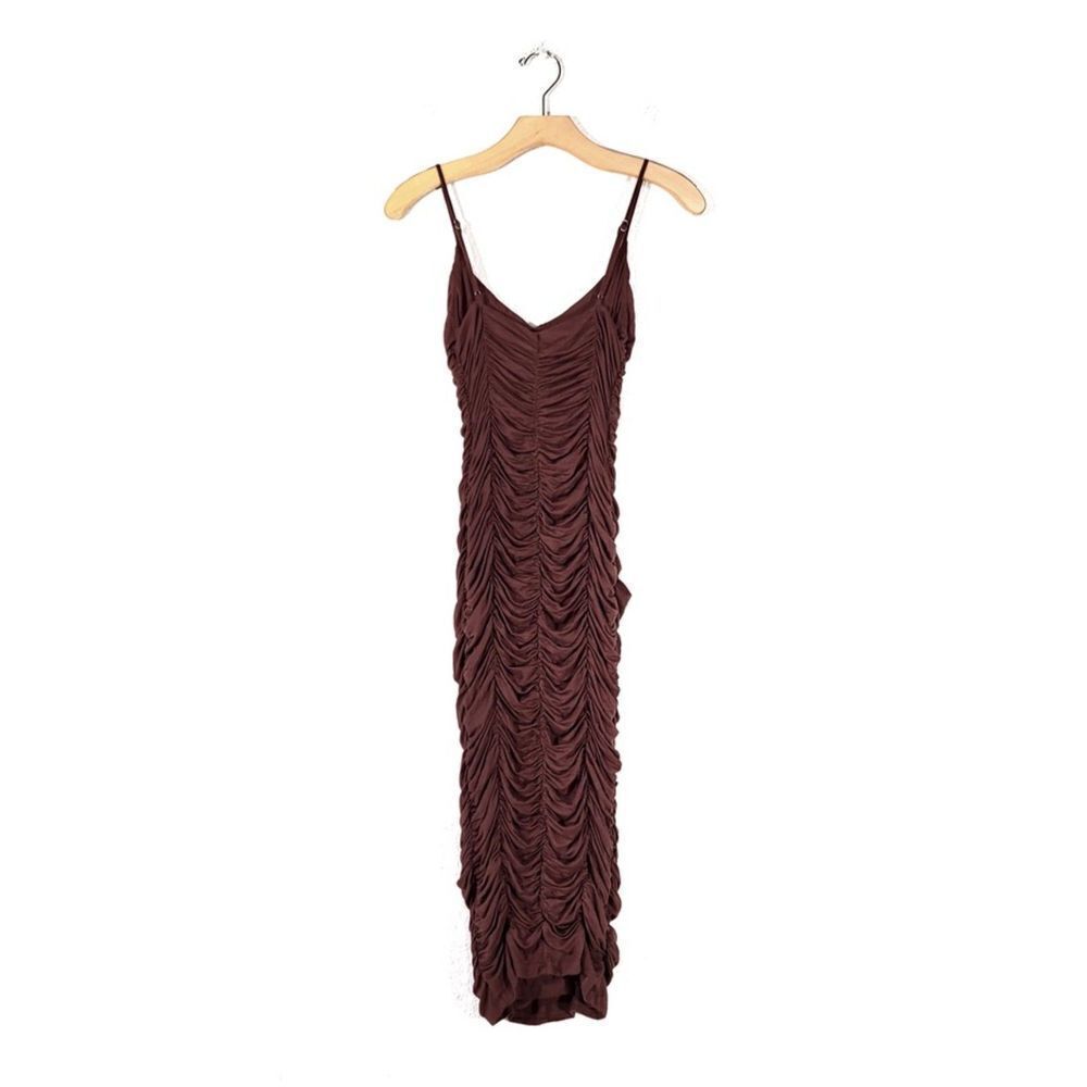 MICHAEL COSTELLO Freya Midi Dress Ruched Bodycon Chocolate Brown Y2k Clean Girl - Picture 6 of 10
